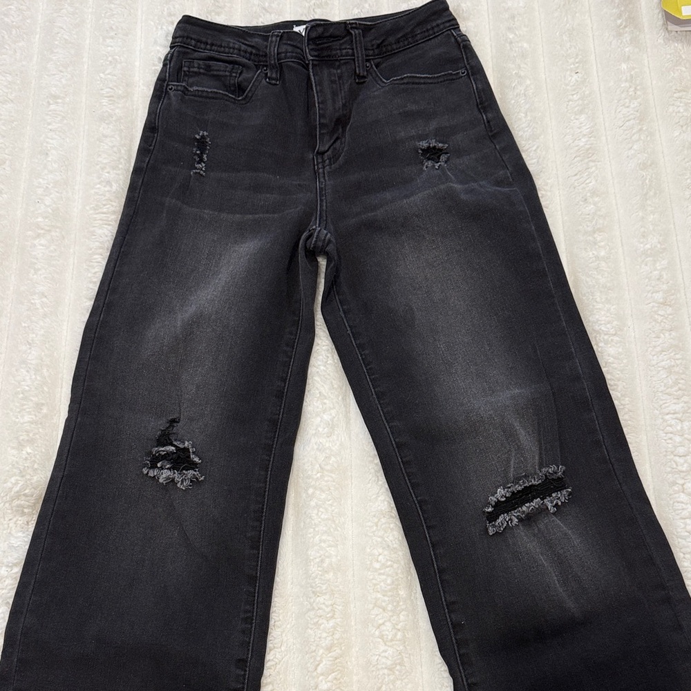 YMI Black Distressed Raw-Hem Wide Leg Jeans